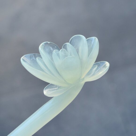 Green Carved Magnolia Flower Hairpin - Serpentine Jade Hair Stick main image 8